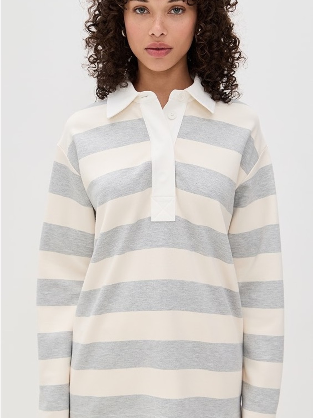 Aligne Cream & Gray Striped Rugby Polo Top - Long Sleeve, NWT, Size S - Picture 2 of 8